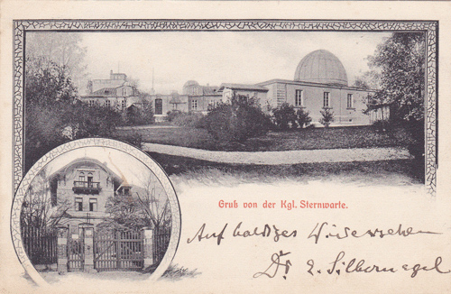 Ansichtskarte mit Refraktorgebäude der Sternwarte und Direktorenvilla, um 1900.