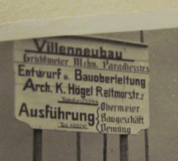 Bautafel für die Villa der Grichtmaiers, Ostpreußenstraße 58, 1927