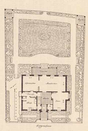 Grundriss Erdgeschoss Kolbergerstraße 16; Buchscan aus: Bayerischer Architekten- und Ingenieur-Verein (Hg.): München und seine Bauten, München 1912, S. 402.