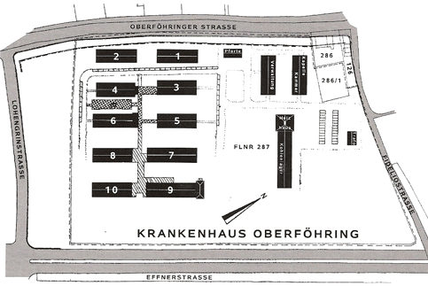 Lageplan der 1985 noch erhaltenen Gebäude auf dem Bürgerparkgelände.