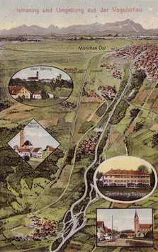 Die Bahnstrecke aus der “Vogelschau“, eine Abbildung von 1913. © Slg. Schlossmuseum/Gemeindearchiv Ismaning