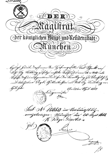 Heiratserlaubnis Schenkl, 1852
