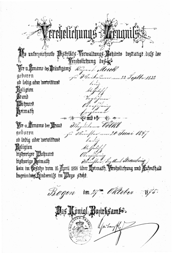 Verehelichungszeugnis, 1875