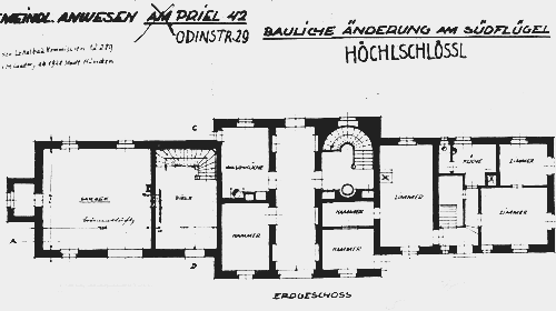 Höchl-Schlössl, Plan des Erdgeschosses, 1926, Stadtarchiv München, Lokalbaukommission 12289.