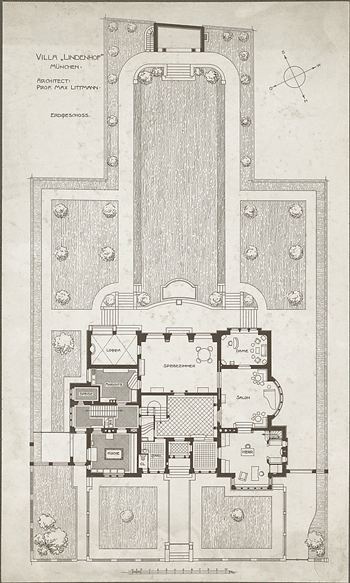 Grundriss Erdgeschoss (Loggia, Salon, Damen- und Herrenzimmer, Küche, Anrichte und Empfangshalle) und Gartenanlage © http://mediatum.ub.tum.de?id=930906