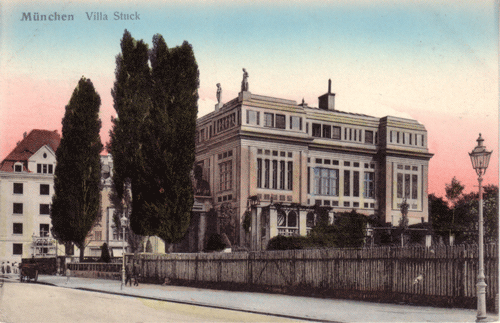 historische Postkarte Villa Stuck, koloriert um 1911 (?).