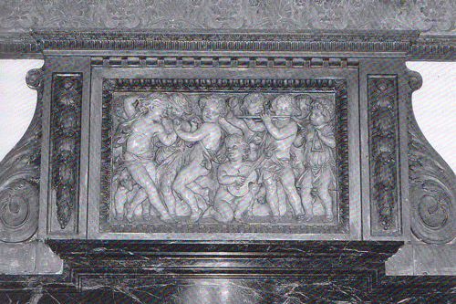 Sopraportenrelief von Heinrich Waderé im Musiksalon über der Tür, die zum Herrenzimmer führt. Buchscan aus: ebd.