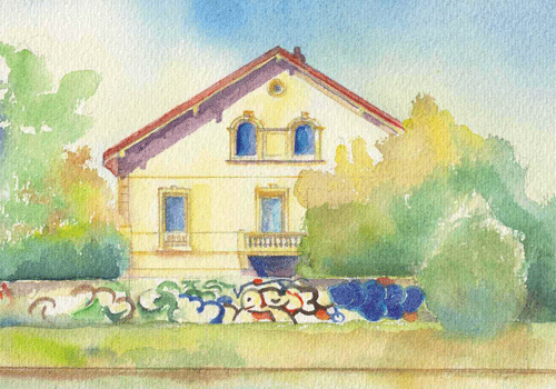Aquarell (Ellwangerhof) aus: Karin Bernst, Ein Spaziergang durch den Münchner Nordosten, Kalender 2012, München 2012.