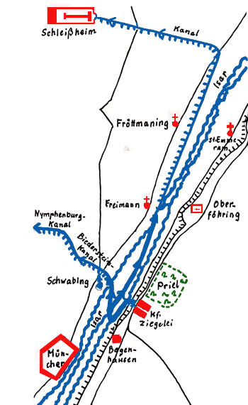 Stichkanal von der Ziegelei am Priel bis zum Strobolischen Gartens unterhalb des Bogenhauser Pfarrhofs zur Isar und zu den Kanälen; nach einer Zeichnung von Fritz Lutz.