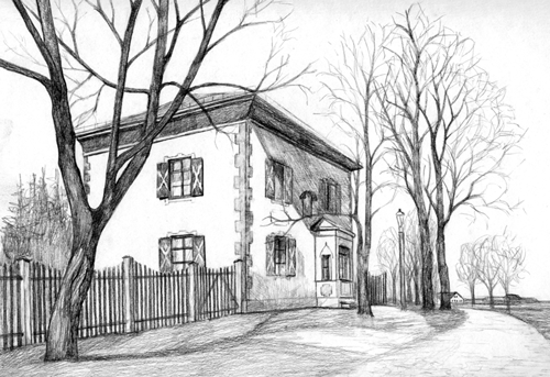 Zeichnung Zollhaus Oberföhringer Straße 57 von Karin Bernst, Verein für Stadtteilkultur im Münchner Nordosten e.V.